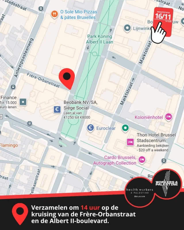 📣 Rendez-vous à 14 heures au carrefour de la rue Frère-Orban et du boulevard Albert II.
📣 Verzamelen om 14.00 uur op de kruising van de Frère-Orbanstraat en de Albert II-boulevard.