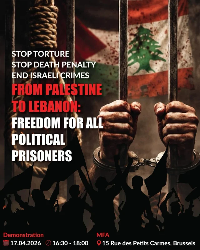 📢 From Palestine to Lebanon: Freedom for Palestinian political prisoners – end the violence!
Mass incarceration has for decades been a structural part of the system of oppression targeting Palestinians. Since 1967, an estimated 40% of Palestinian men have been detained, often without trial or clear charges. The impact on families, communities, and the social fabric is profound.
Since October 2023, conditions in detention centers have further deteriorated. Human rights organizations have documented serious violations, including ill-treatment and torture. Recent legislative developments have deepened concerns about fundamental rights, including the right to life and a fair trial.
At the same time, we are witnessing an expansion of violence in the region, with severe consequences for civilians in Lebanon: destruction of infrastructure, mass displacement, and attacks on aid workers and journalists.
✊ On April 17 – International Day of Solidarity with Palestinian Prisoners – we gather in Brussels:
🕟 4:30 PM
📍 In front of the Belgian Ministry of Foreign Affairs
We call on the Belgian government to:
• Take a clear stance against the system of mass detention and advocate for the release of political prisoners
• Urge an immediate end to the violence and respect for international law
• Implement concrete measures in line with international obligations, including banning products from settlements
• Actively engage at the European level to reassess cooperation agreements
🤝 Together, we stand for human rights, international law, and dignity for all.
#Solidarity #HumanRights #Belgium #Palestine #Lebanon